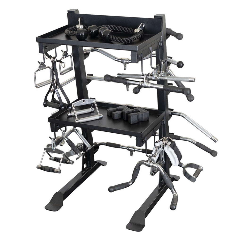 Body-Solid Accessory Rack SAR100 Body-Solid Pro Club Line rack filled with assorted fitness attachments including tricep ropes and lat bars.