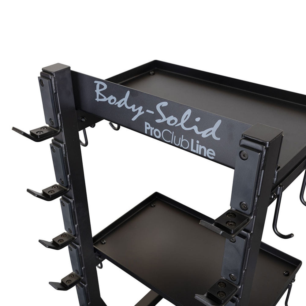 Body-Solid Accessory Rack SAR100 Close-up of metal storage bracket on a Body-Solid Pro Club Line rack showing durable construction and bolt assembly.