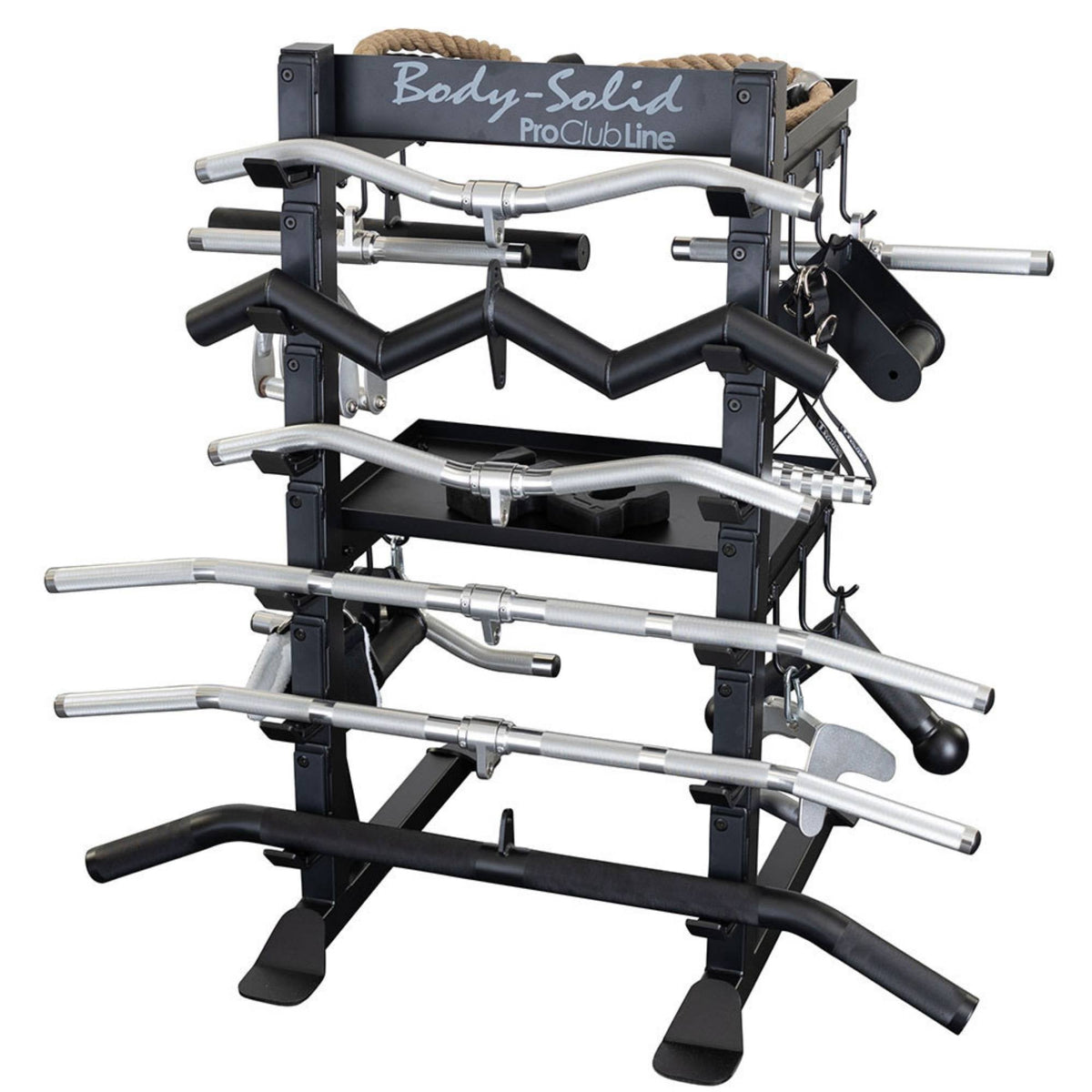 Body-Solid Accessory Rack SAR100 Front view of Body-Solid Pro Club Line accessory rack neatly storing multiple straight bars and curl bars.