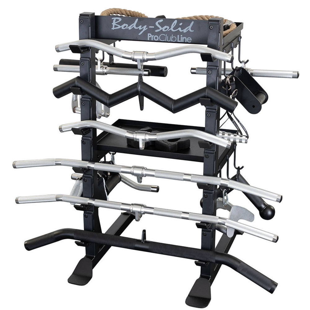 Body-Solid Accessory Rack SAR100 Front view of Body-Solid Pro Club Line accessory rack neatly storing multiple straight bars and curl bars.