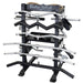Body-Solid Accessory Rack SAR100 Front view of Body-Solid Pro Club Line accessory rack neatly storing multiple straight bars and curl bars.