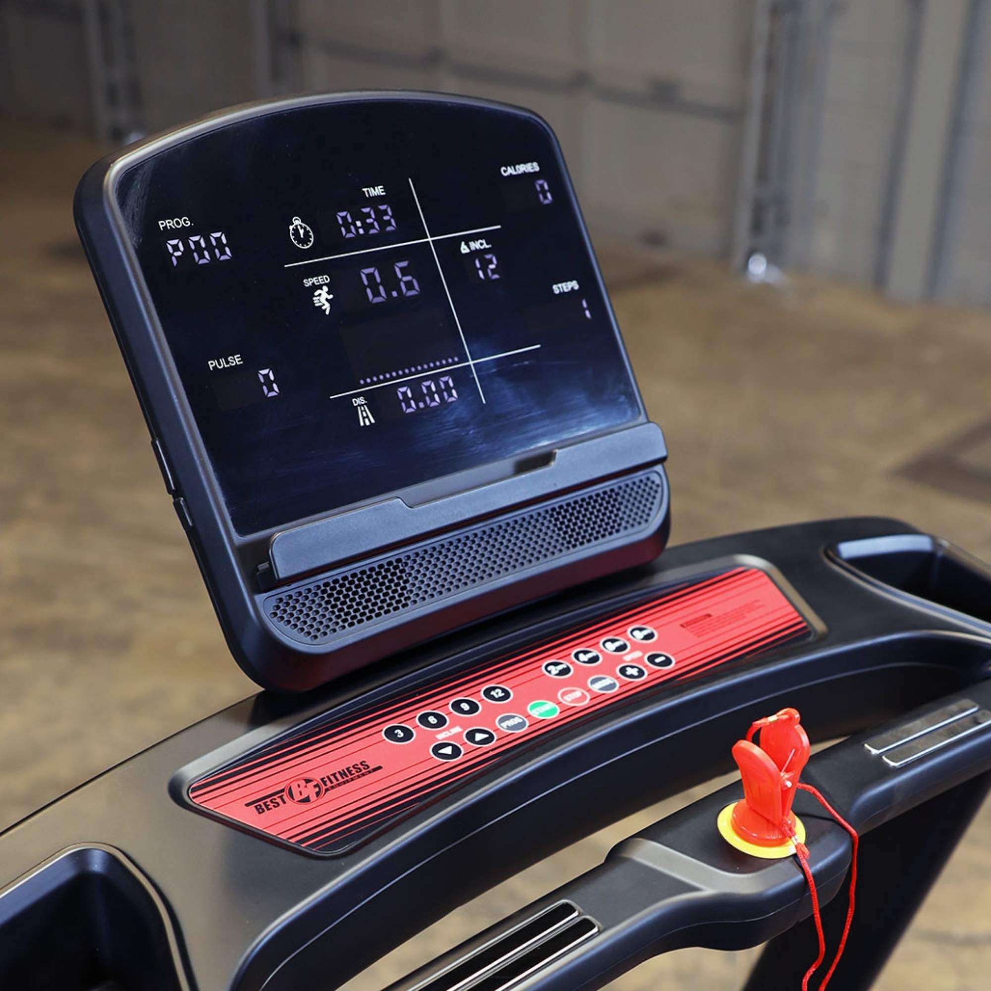 Body-Solid Best Fitness Folding Treadmill With LED Console BFT25 Best Fitness treadmill console with digital display and safety key