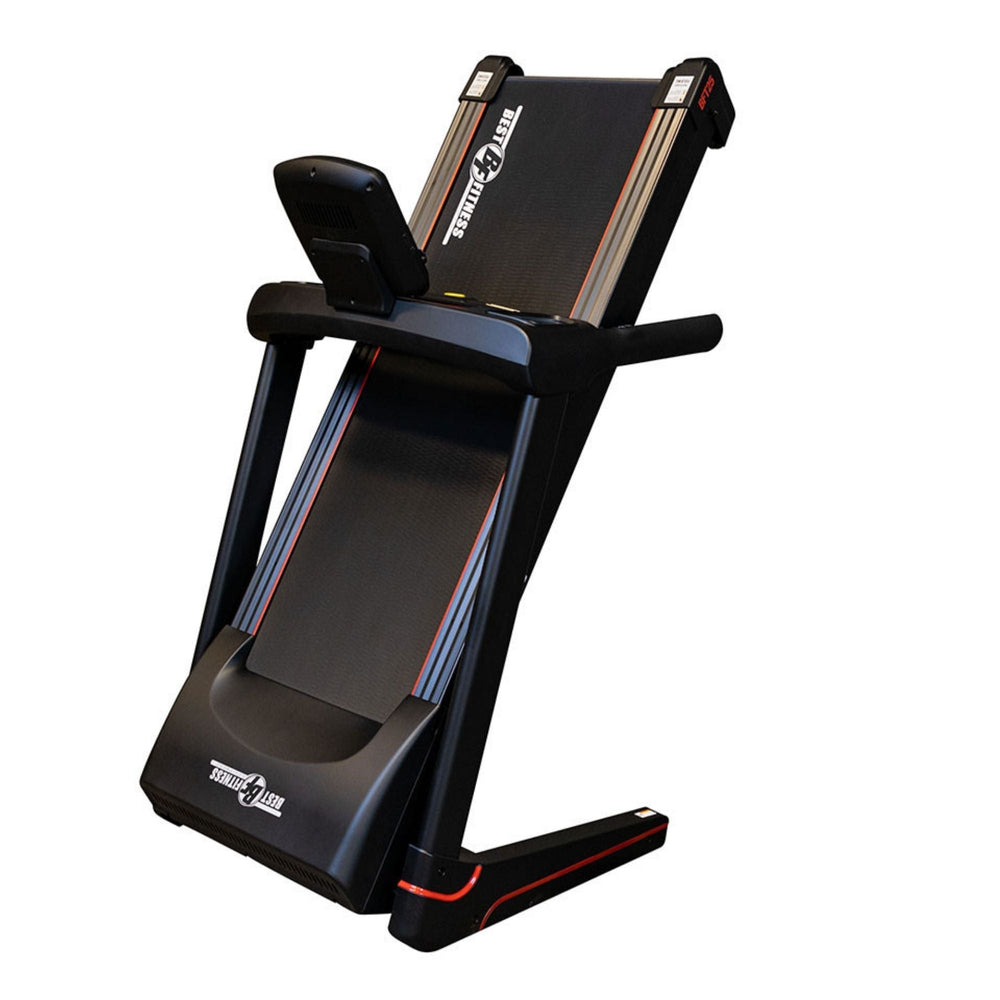 Body-Solid Best Fitness Folding Treadmill With LED Console BFT25 Best Fitness treadmill folded upright for compact storage in home gym