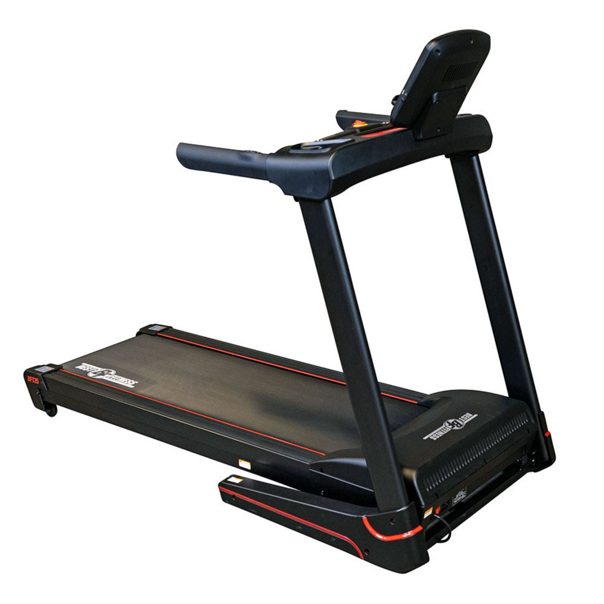 Body-Solid Best Fitness Folding Treadmill With LED Console BFT25 Side angle of Best Fitness BF T25 treadmill with red trim and control console