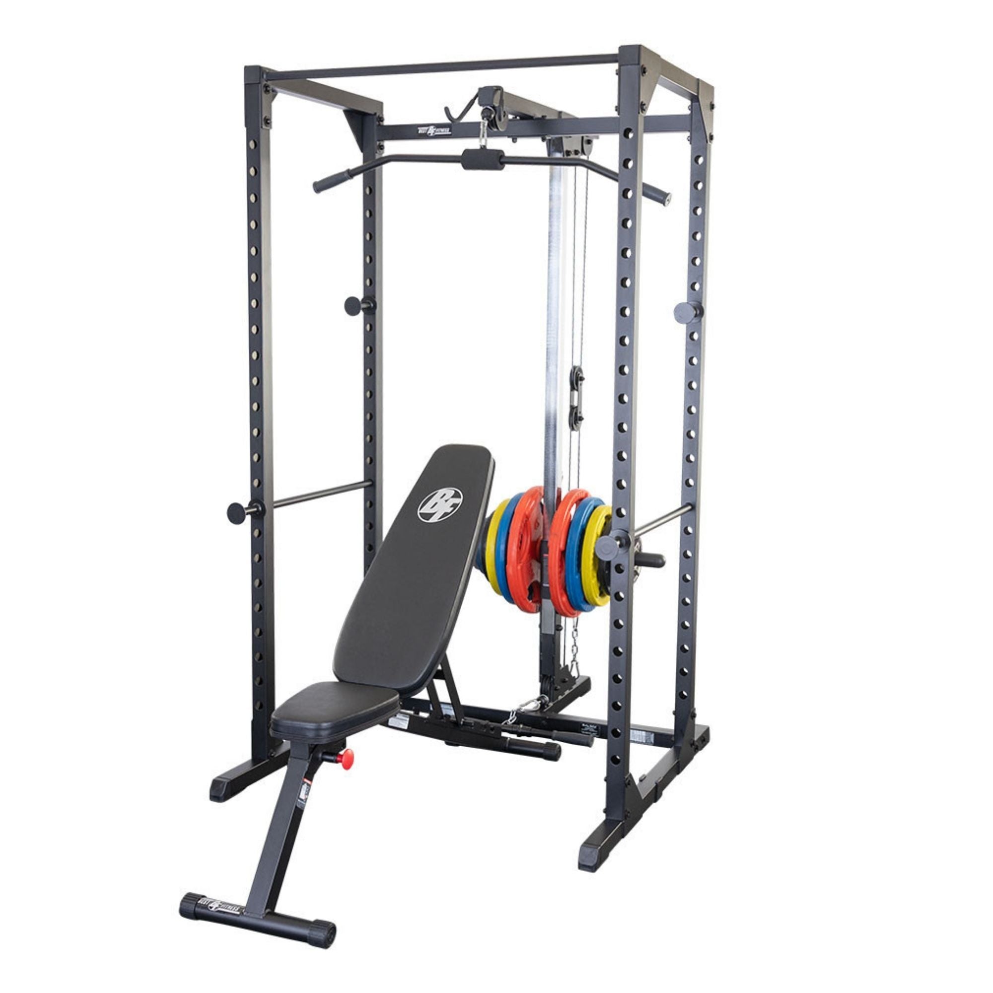 Body-Solid Best Fitness Power Rack BFPR100B Power rack setup with adjustable bench, cable pulley, and colorful weight plates neatly organized