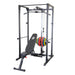 Body-Solid Best Fitness Power Rack BFPR100B Power rack setup with adjustable bench, cable pulley, and colorful weight plates neatly organized