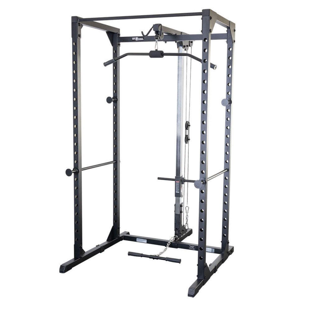 Body-Solid Best Fitness Power Rack BFPR100B Power rack with pulley cable system and lat pull-down attachment for upper-body exercises.
