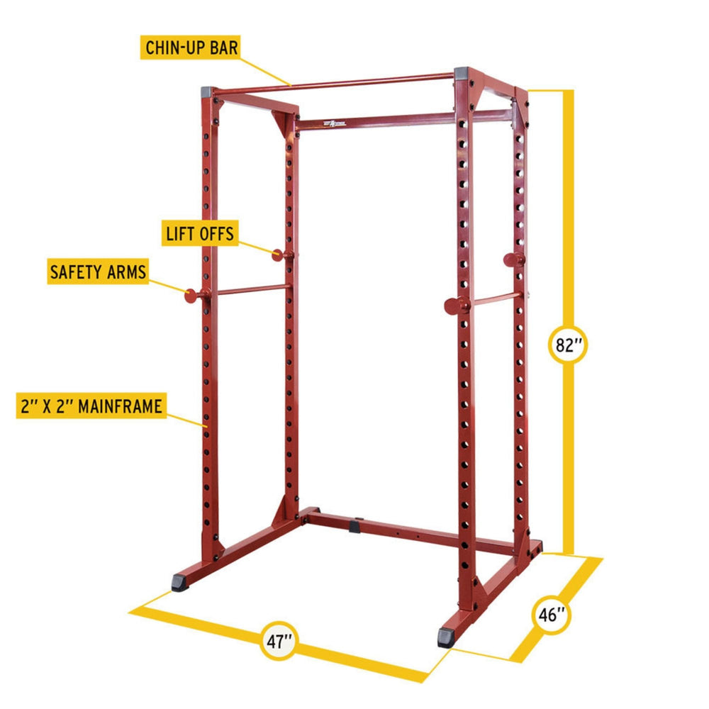 Body-Solid Best Fitness Power Rack BFPR100B Red power rack with labeled dimensions and features including chin-up bar, safety arms, and lift-offs for strength training.
