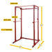 Body-Solid Best Fitness Power Rack BFPR100B Red power rack with labeled dimensions and features including chin-up bar, safety arms, and lift-offs for strength training.
