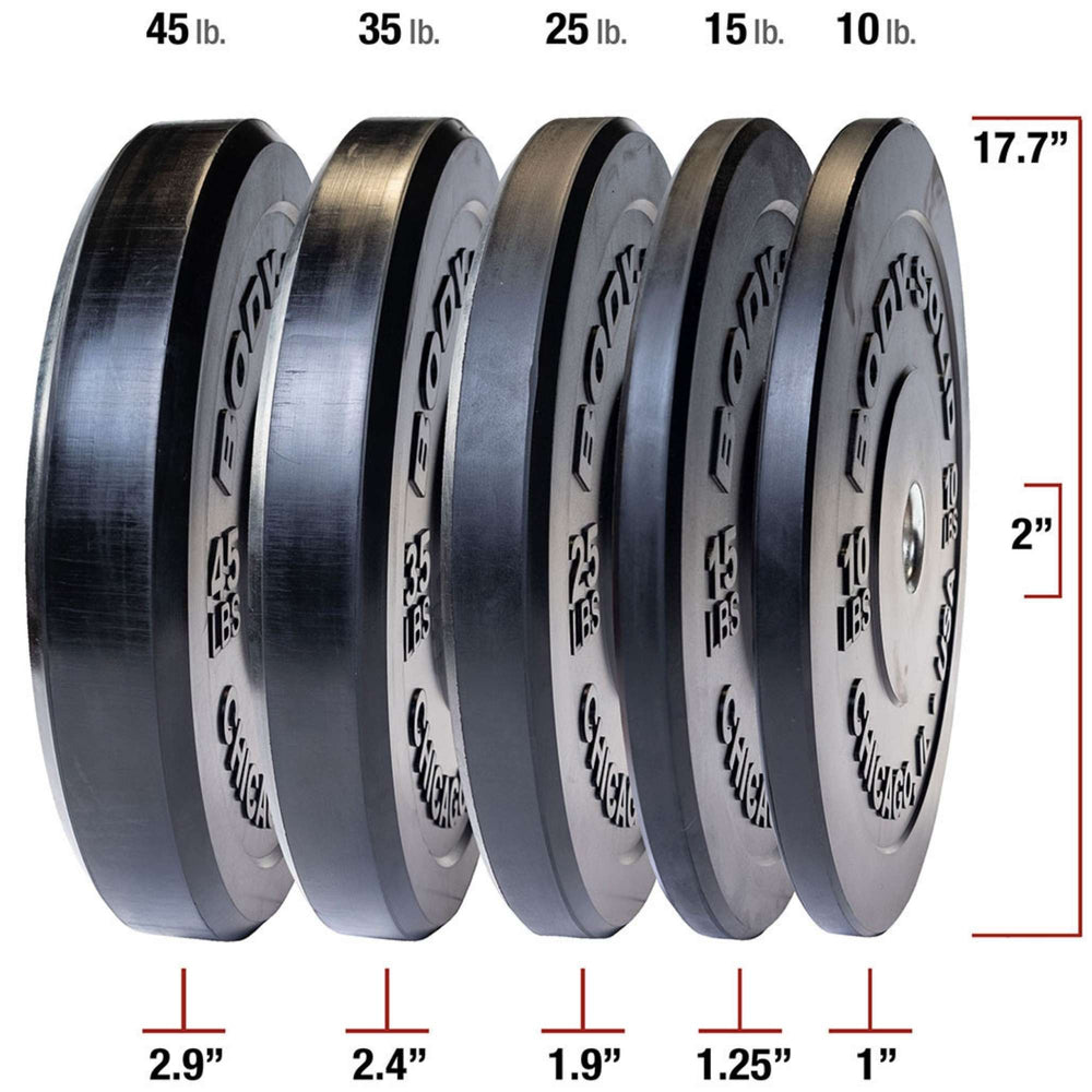 Body-Solid Chicago Extreme Bumper Plate Set 260 Ib OBPX260 D with diameter and thickness measurements labeled.