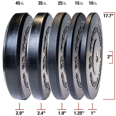 Body-Solid Chicago Extreme Bumper Plate Set 260 Ib OBPX260 D with diameter and thickness measurements labeled.