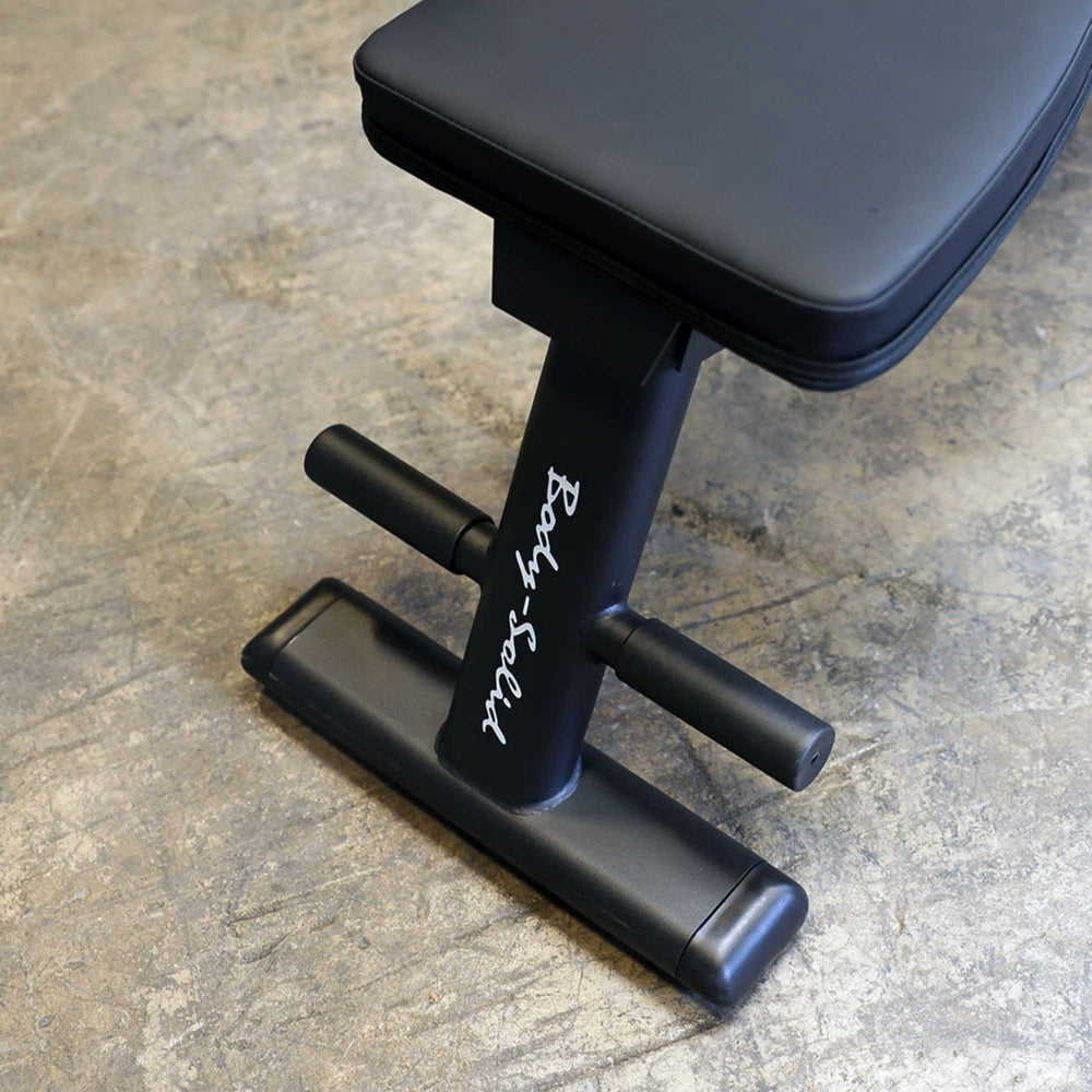 Body-Solid Commercial Folding Bench GFID225B Close-up of Body-Solid bench frame with logo on footrest base