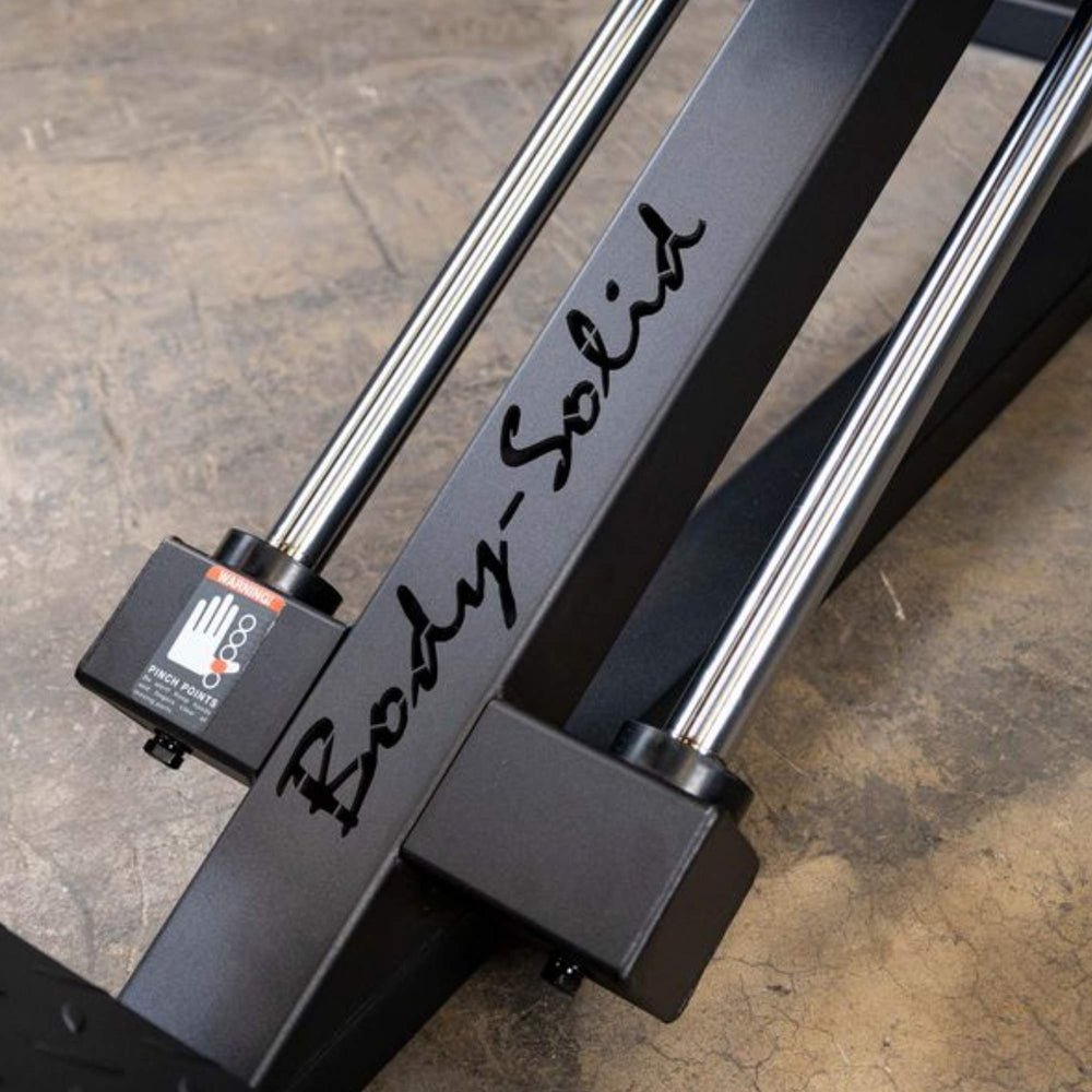 Body-Solid Compact Leg Press GCLP100 Close-up of Body-Solid logo and chrome guide rods on GCLP100