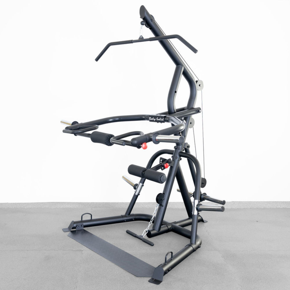 Body-Solid Corner Leverage Gym GLGS100B Front-angled view of Body-Solid multi-function training station displaying press arms, pulleys, and support base.
