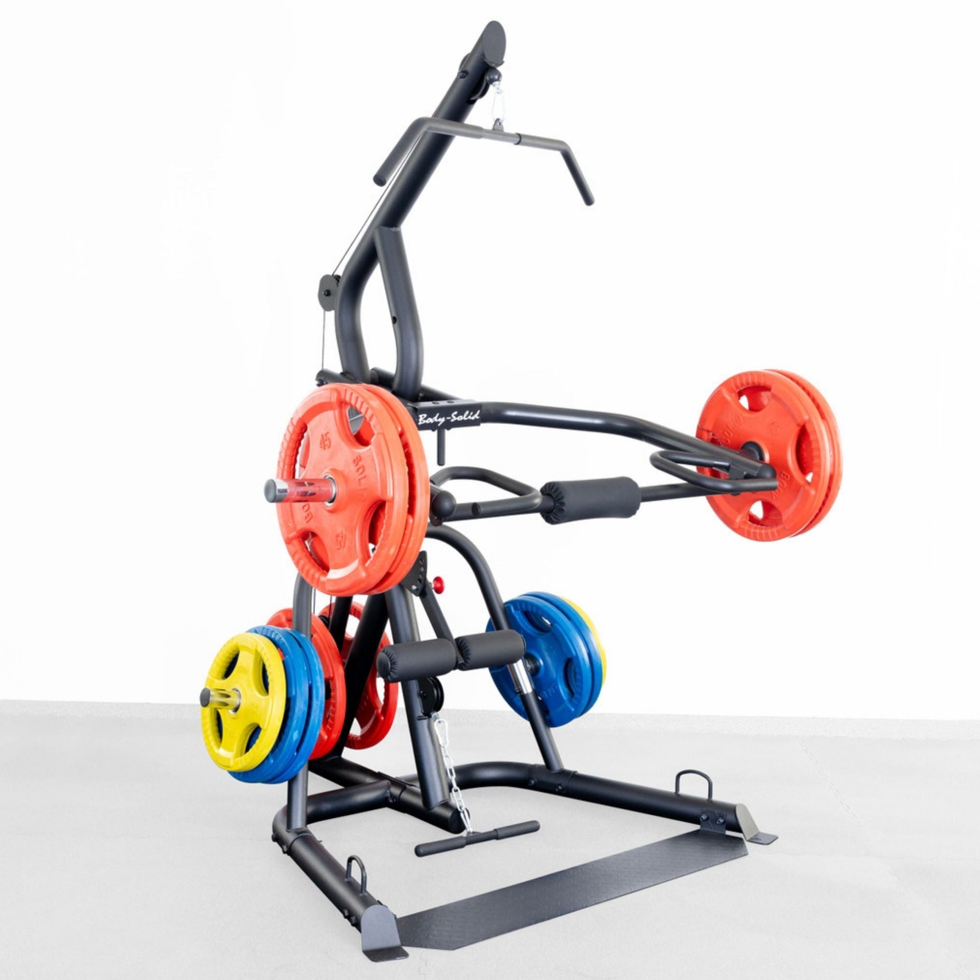 Body-Solid Corner Leverage Gym GLGS100B Strength training machine fully loaded with colorful weight plates including red, yellow, and blue, positioned against a white background.
