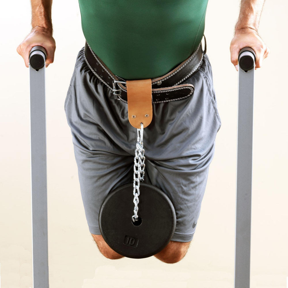 Body-Solid Dip Station GDIP59B Close-up of a dip belt with a hanging weight plate used for weighted dips