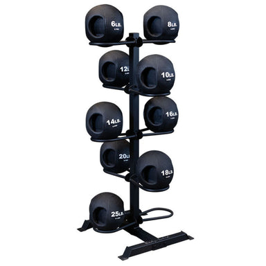 Body-Solid Dual Grip Medicine Ball Package GMR20-DUALPACK Black, vertical storage rack holding a set of black dead balls ranging from 6 lbs to 25 lbs, with the Body-Solid logo visible at the base.