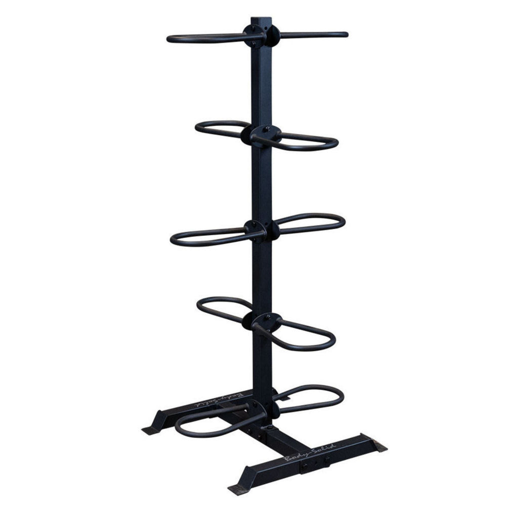 Body-Solid Dual Grip Medicine Ball Package GMR20-DUALPACK vertical medicine ball storage rack with four dual-tier cradles, designed for commercial gym use, shown empty.
