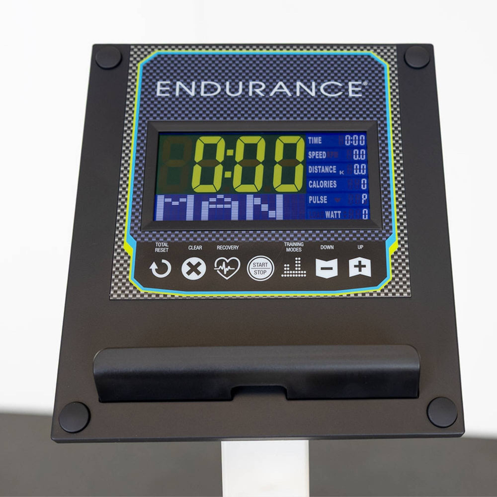 Body-Solid Endurance Center Drive Elliptical E100 Close-up of Endurance E100 elliptical console displaying digital workout data including time, speed, and calories.

