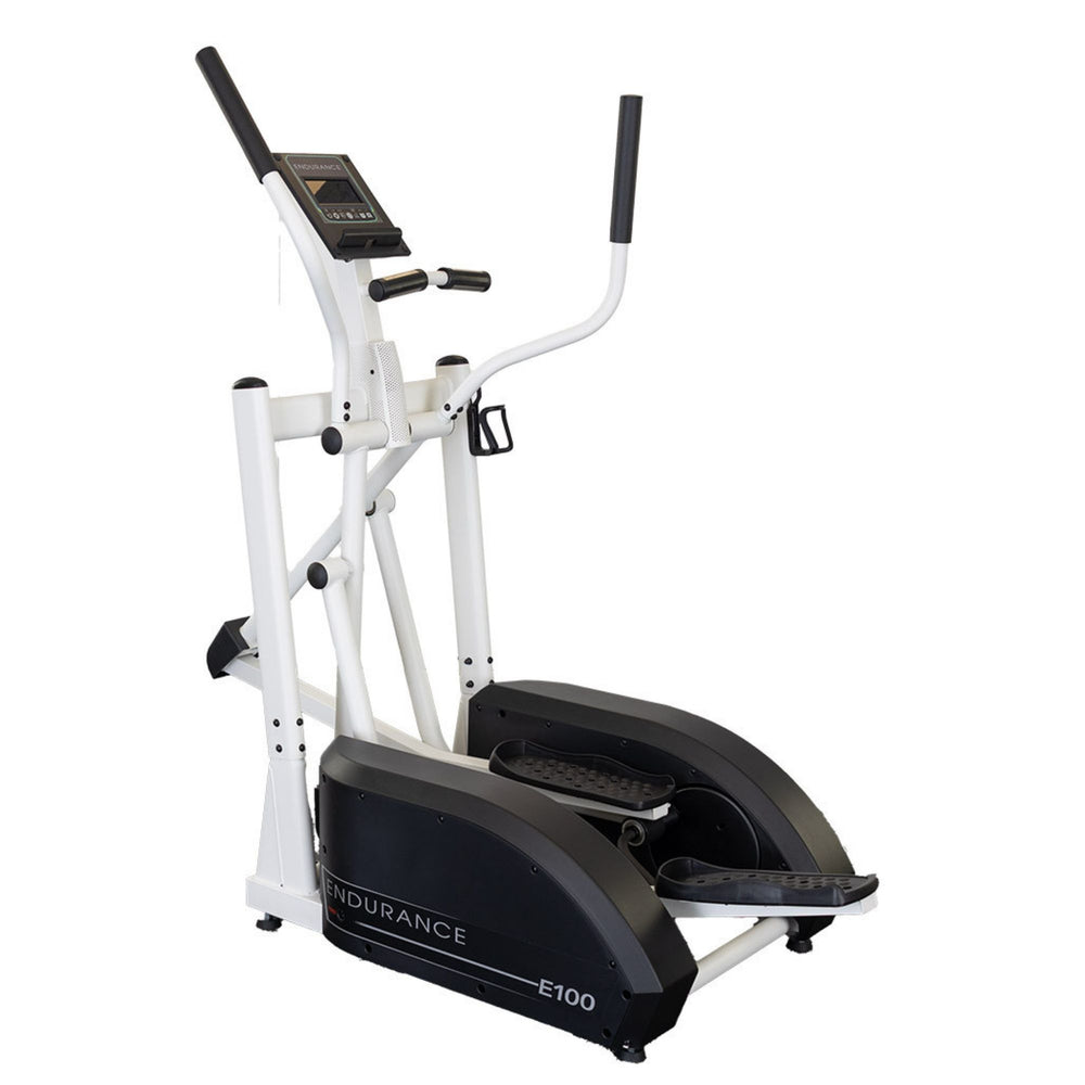 Body-Solid Endurance Center Drive Elliptical E100 trainer in white and black finish, shown on a clean studio floor.
