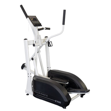 Body-Solid Endurance Center Drive Elliptical E100 trainer in white and black finish, shown on a clean studio floor.
