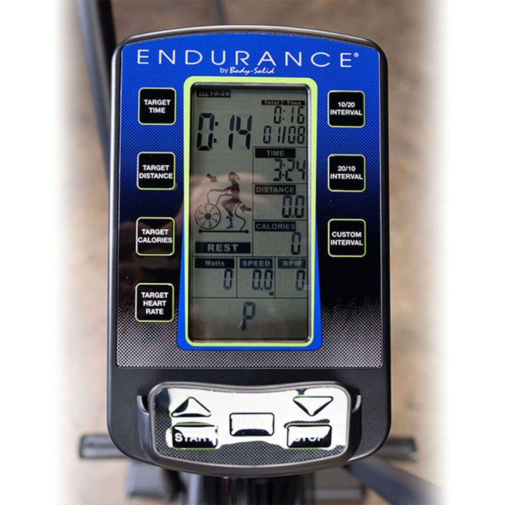 Body-Solid Endurance Dual Action Fan Bike FB300B console showing workout metrics and interval modes