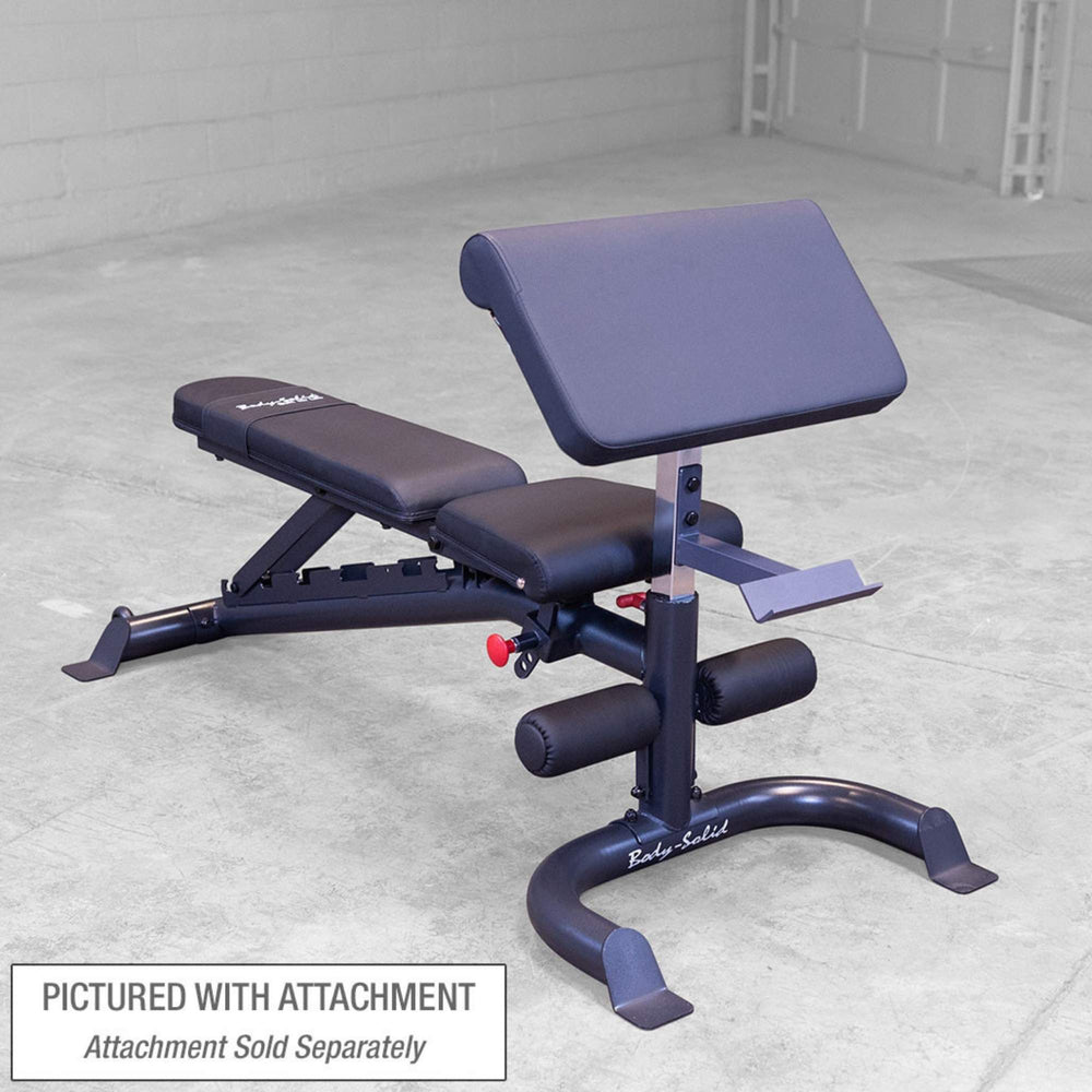 Body-Solid Flat Incline Decline Bench GFID100B Adjustable bench with preacher curl attachment installed