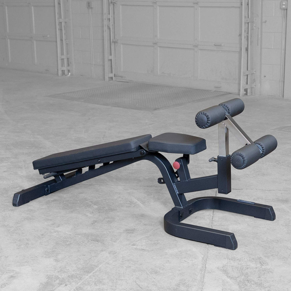 Body-Solid Flat Incline Decline Bench GFID71B bench in flat decline position with padded leg support