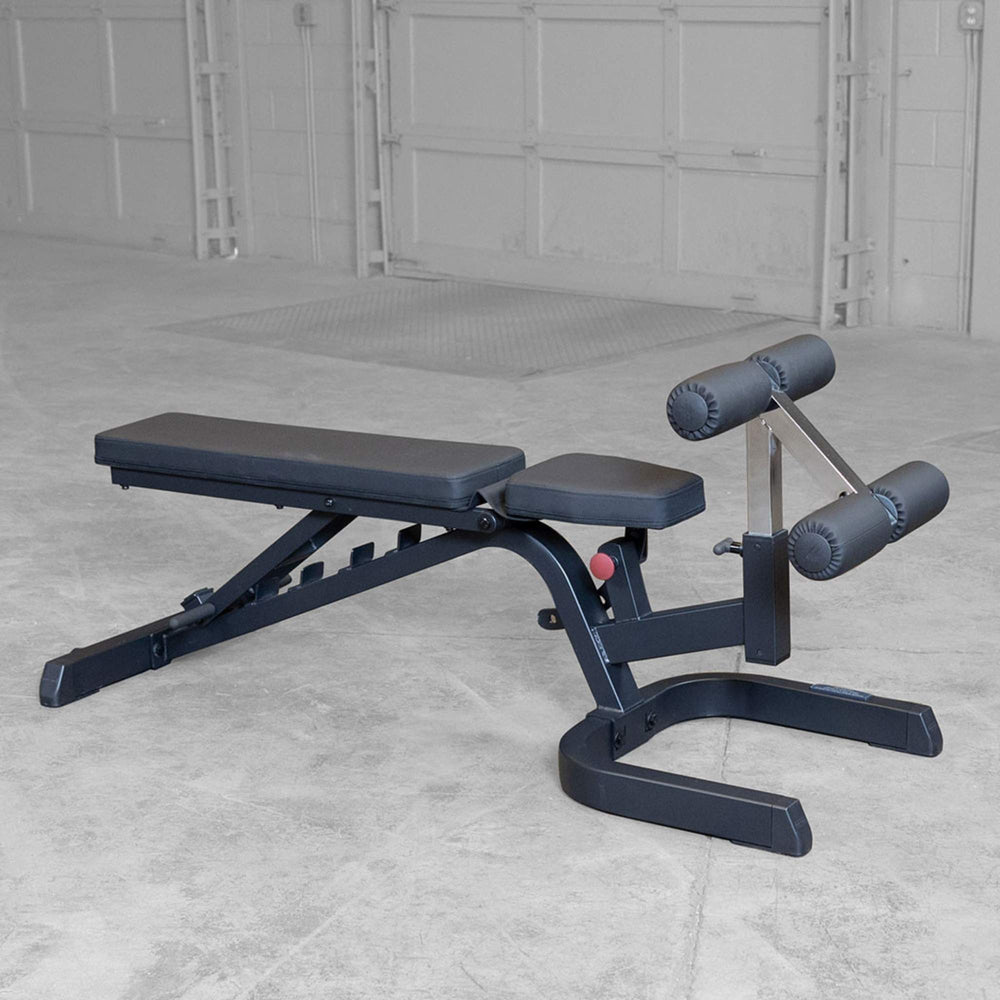 Body-Solid Flat Incline Decline Bench GFID71B bench in flat position with leg developer attachment
