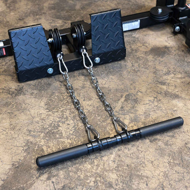 Body-Solid Functional Trainer Attachment GPRFT black metal handle connected to a dual pulley system with chains and carabiners