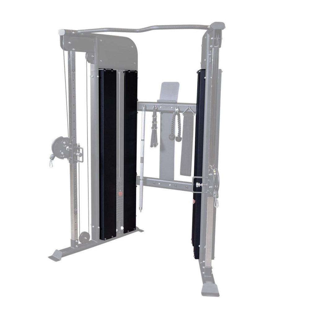 Body-Solid Functional Trainer Shrouds GFT100SH Front view of a dual adjustable pulley system with weight stacks highlighted and frame semi-transparent, showing overall cable machine design.