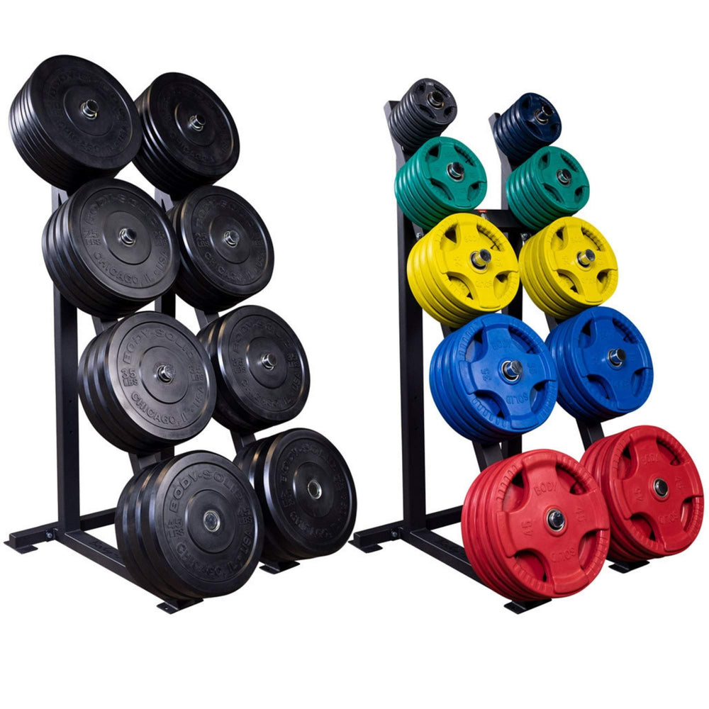Body-Solid High Capacity Olympic Plate Rack GWT76 with balck and colourful Olympic Plate