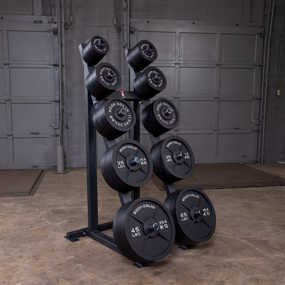 Body-Solid High Capacity Olympic Plate Rack GWT76 with black Olympic Plate