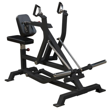  Body-Solid LVSR Leverage Seated Row machine in black finish, shown without weights, featuring dual handles and adjustable seat and chest pad.
