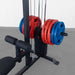 Body-Solid Lat Machine With Weight Stack GLM85B Close-up view of weight stack loaded with red and blue plates 