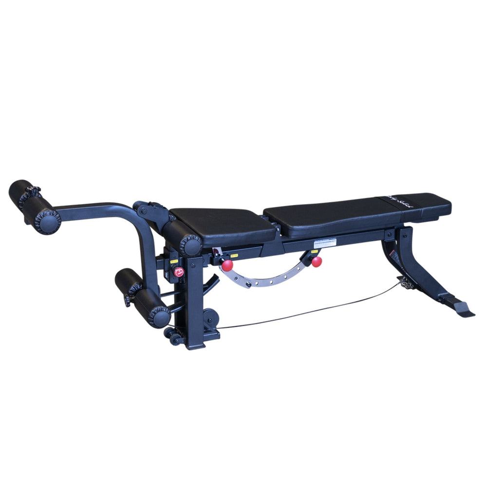 Body-Solid Leg Extension Curl Bench Attachment GLEG Body-Solid adjustable weight bench with leg developer attachment and padded rollers for strength training.