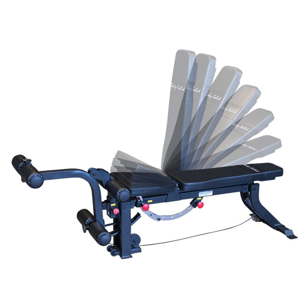 Body-Solid Leg Extension Curl Bench Attachment GLEG Body-Solid multi-position bench showing adjustable backrest angles for incline, flat, and decline exercises.