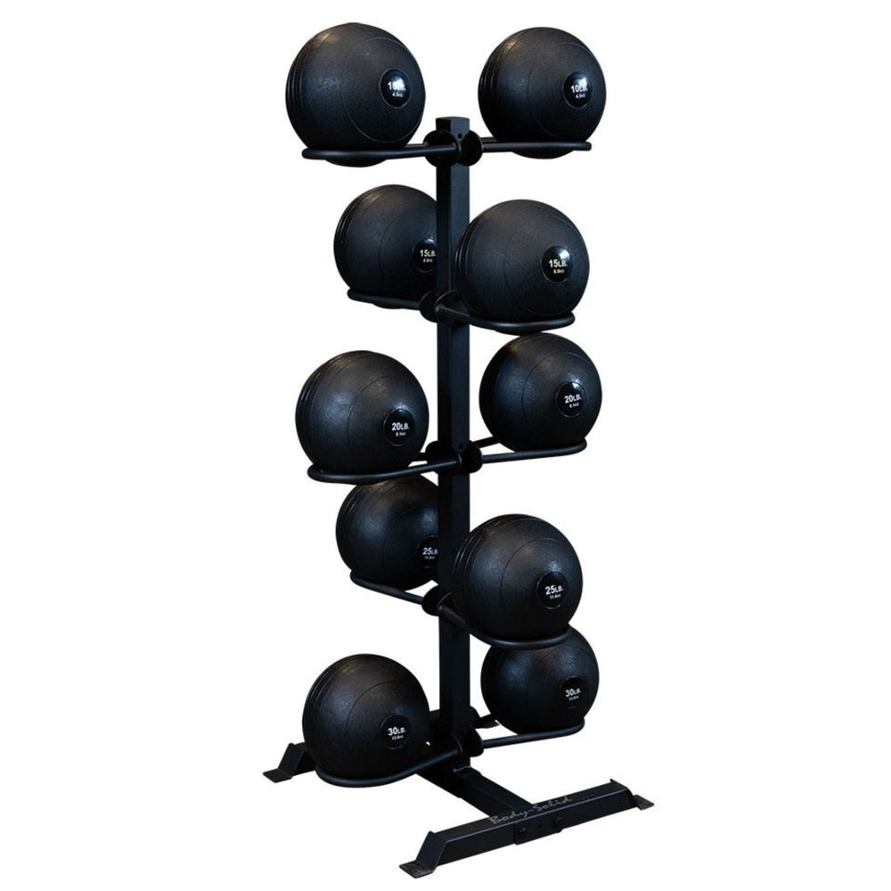 Body-Solid  Medicine Slam Ball Package GMR20-SLAMPACK medicine ball set with a vertical black storage rack holding ten black weighted medicine balls ranging from 2 lbs to 25 lbs.