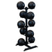 Body-Solid  Medicine Slam Ball Package GMR20-SLAMPACK medicine ball set with a vertical black storage rack holding ten black weighted medicine balls ranging from 2 lbs to 25 lbs.