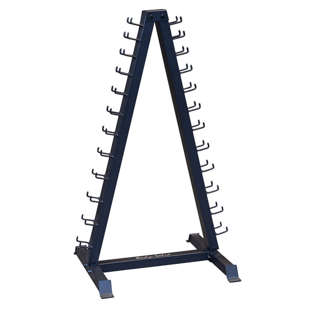 Body-Solid  Neoprene Dumbbell Package GDR24-NPACK Body-Solid A-frame dumbbell rack with multiple tiered hooks for compact vertical weight storage.