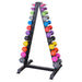 Body-Solid  Neoprene Dumbbell Package GDR24-NPACK Body-Solid A-frame rack fully loaded with colorful neoprene dumbbells organized by weight