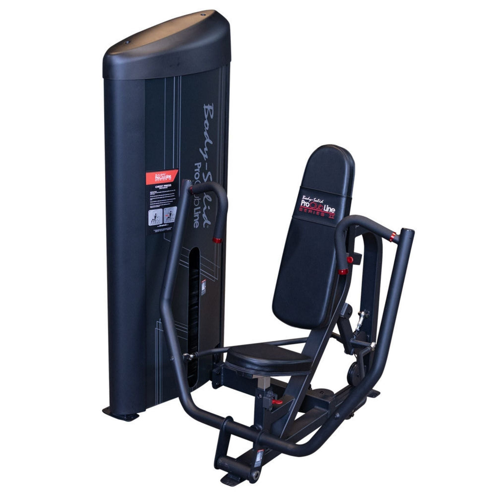 Body-Solid PCL2 Chest Press S2CPX Close-up view of a Body-Solid Pro Club Line chest press machine, highlighting handles, seat, and weight stack cove