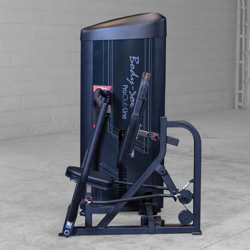 Body-Solid PCL2 Chest Press S2CPX Side view of an empty Body-Solid Pro Club Line chest press machine, showing seat, backrest, and handle structure