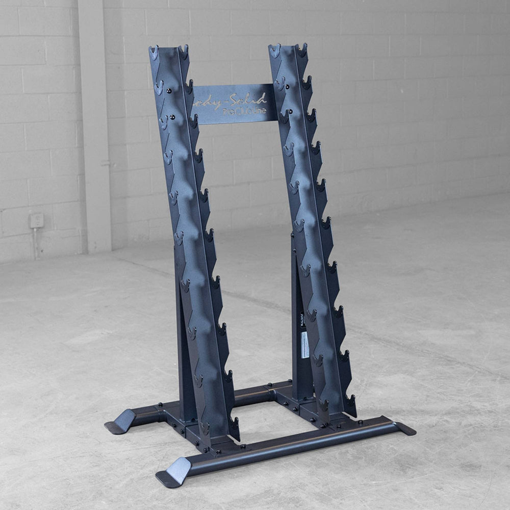 Body-Solid Pro ClubLine Dumbbell Rack SRD300 Body-Solid Pro Club Line vertical dumbbell rack fully loaded with silver hex dumbbells arranged neatly in pairs.