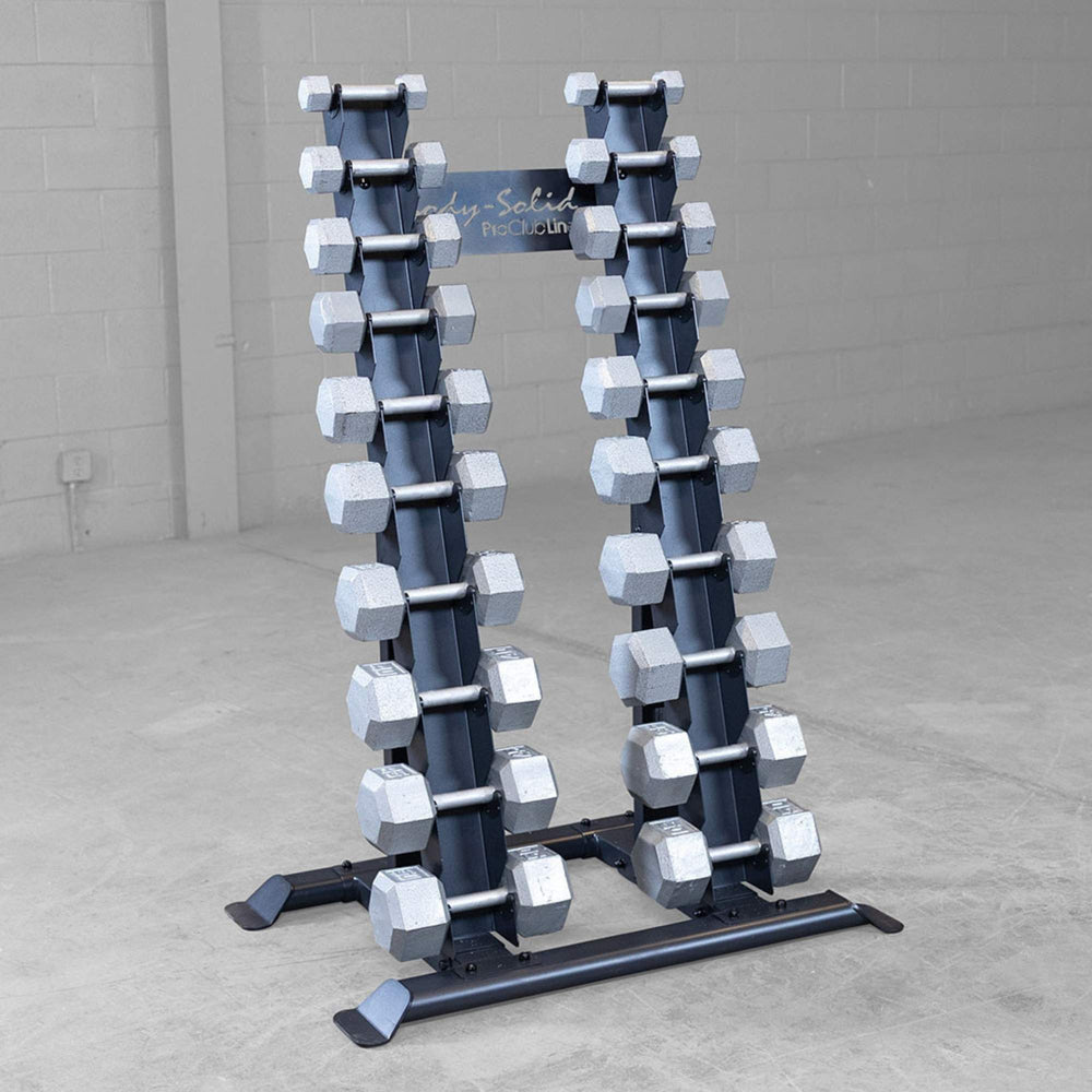 Body-Solid Pro ClubLine Dumbbell Rack SRD300 Front angled view of empty Body-Solid Pro Club Line dumbbell rack designed for vertical organization in small gym spaces.