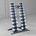 Body-Solid Pro ClubLine Dumbbell Rack SRD300 Front angled view of empty Body-Solid Pro Club Line dumbbell rack designed for vertical organization in small gym spaces.
