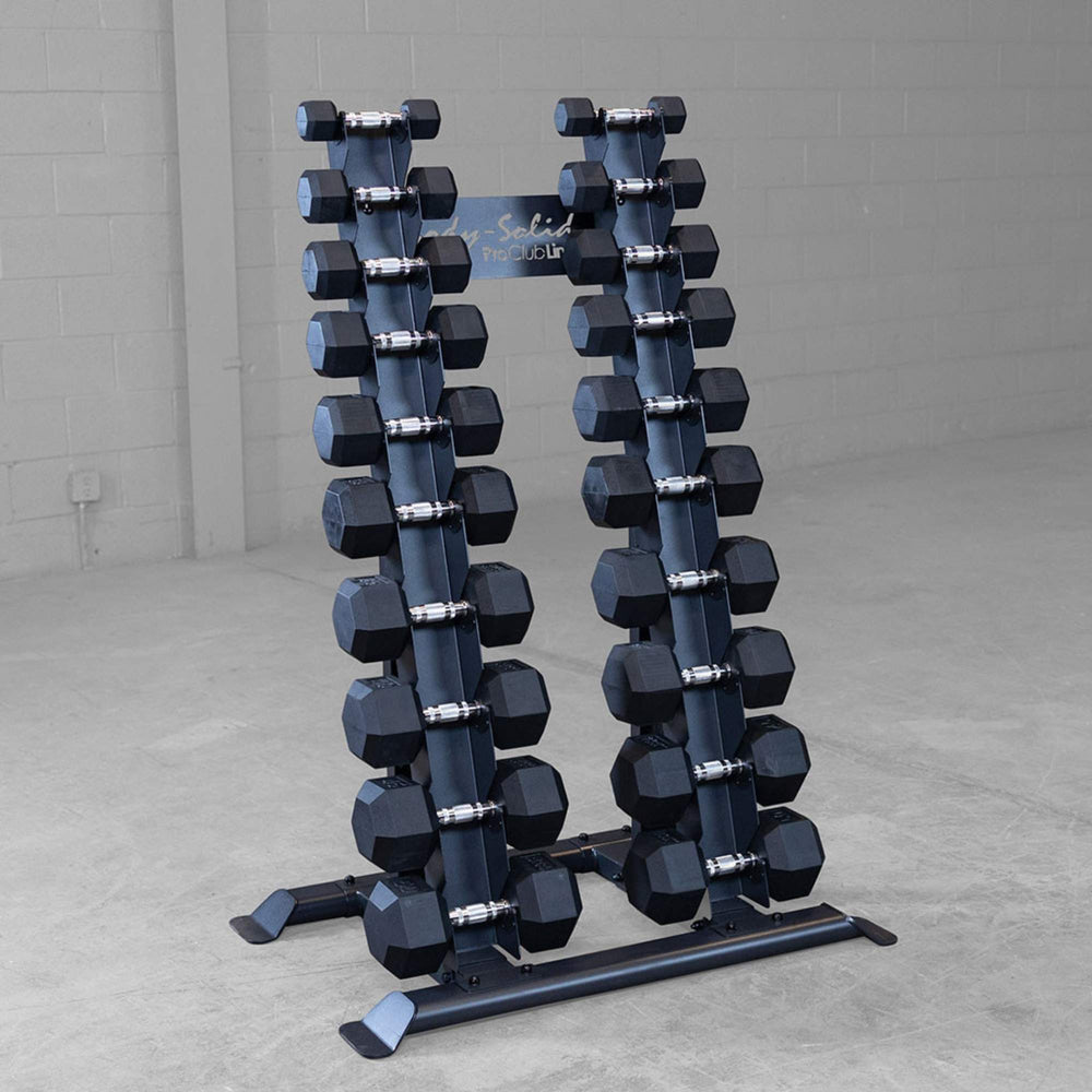 Body-Solid Pro ClubLine Dumbbell Rack SRD300 Vertical dumbbell rack by Body-Solid Pro Club Line holding a full set of black rubber hex dumbbells in a gym setting.