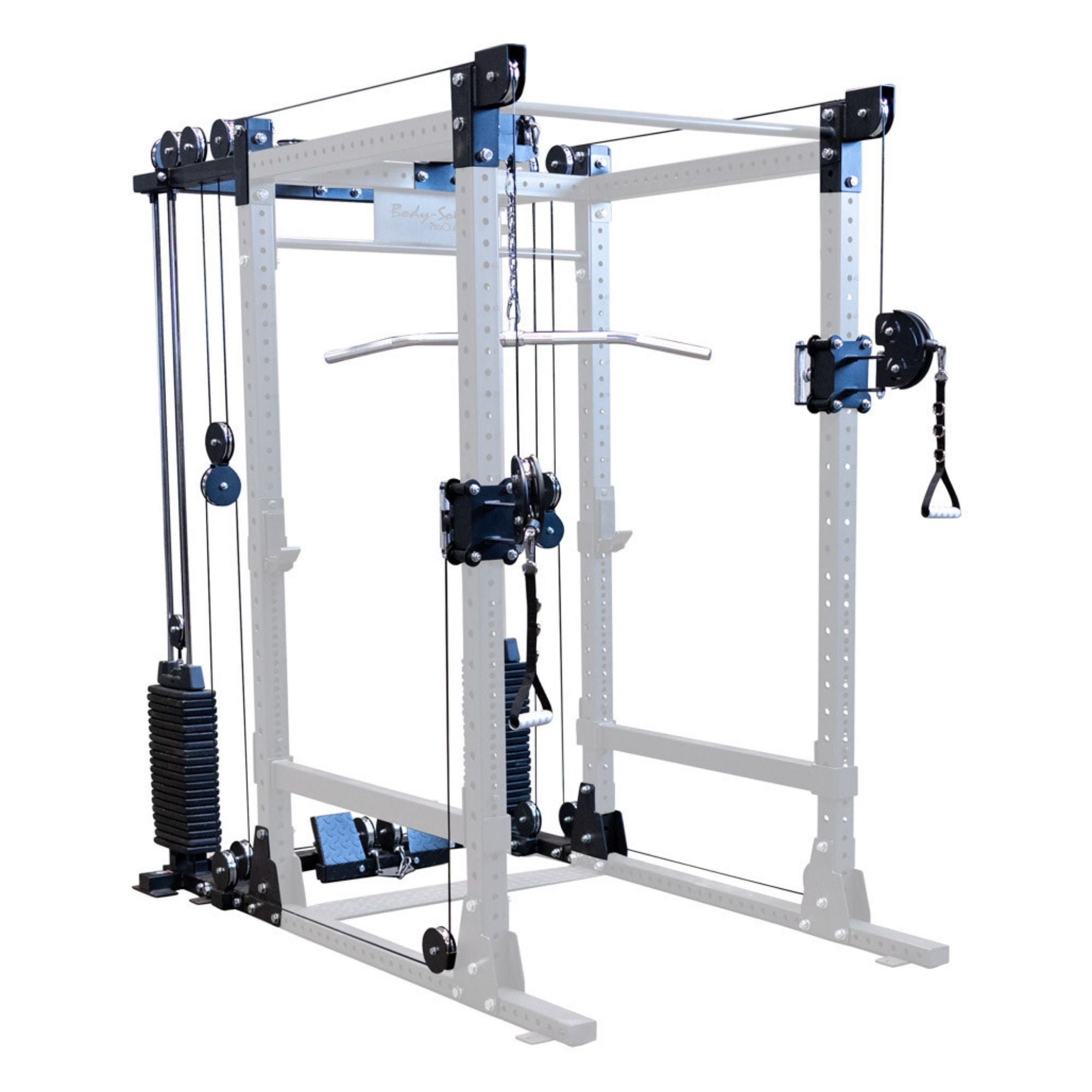 Body-Solid Pro ClubLine Functional Trainer Attachment SPRFTS Body-Solid Pro ClubLine SPRFTS functional trainer attachment shown fully assembled on a power rack with dual weight stacks, pulleys, and cable attachments.
