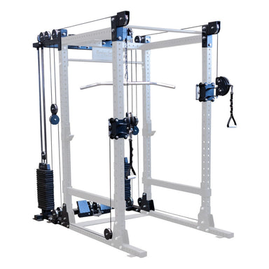 Body-Solid Pro ClubLine Functional Trainer Attachment SPRFTS Body-Solid Pro ClubLine SPRFTS functional trainer attachment shown fully assembled on a power rack with dual weight stacks, pulleys, and cable attachments.
