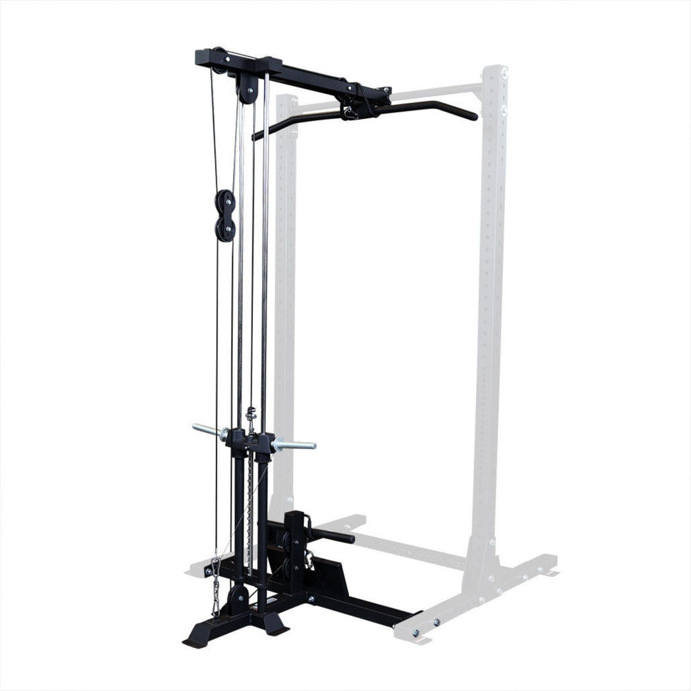 Body-Solid Pro ClubLine  Half Rack Lat Attachment SPRHLA Body-Solid lat and low row cable attachment system for power rack with dual pulley design and chrome guide rods.
